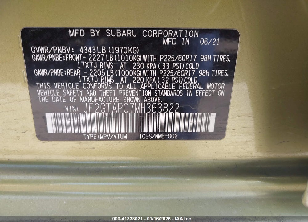 2021 SUBARU CROSSTREK PREMIUM VIN: JF2GTAPC7MH363822