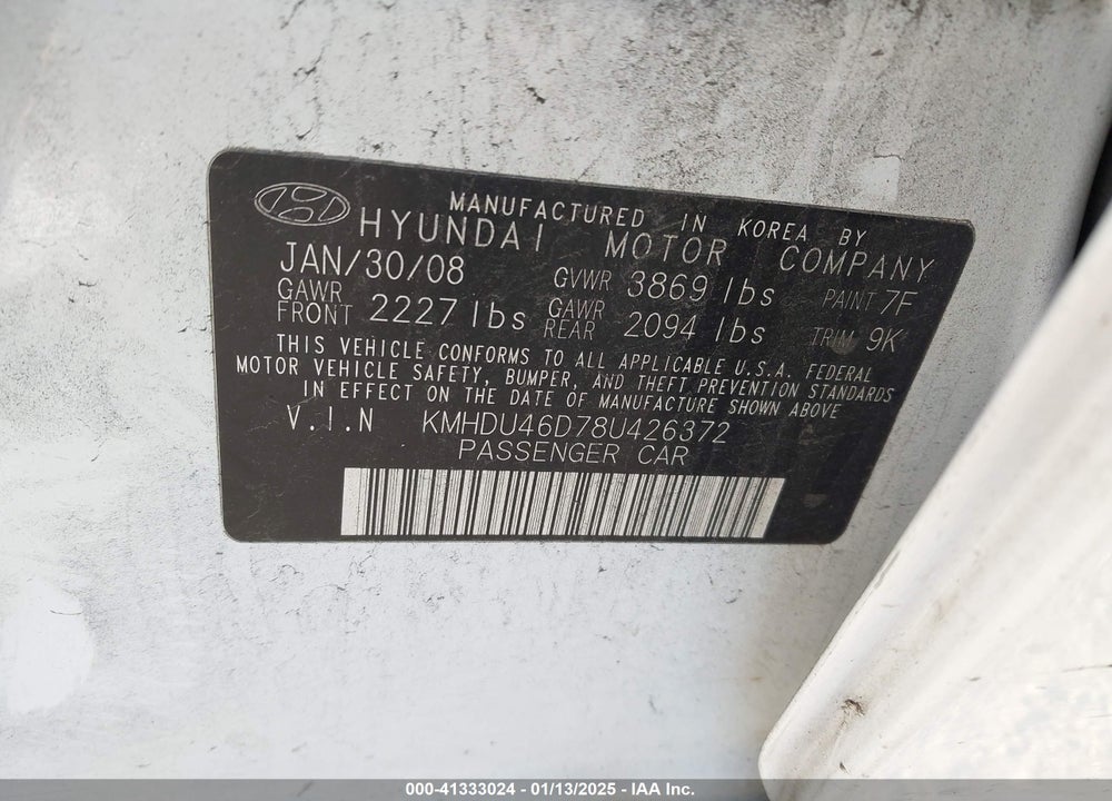 2008 HYUNDAI ELANTRA GLS/SE VIN: KMHDU46D78U426372
