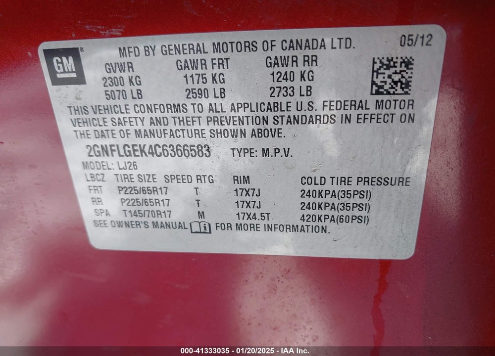 2012 CHEVROLET EQUINOX LTZ VIN: 2GNFLGEK4C6366583
