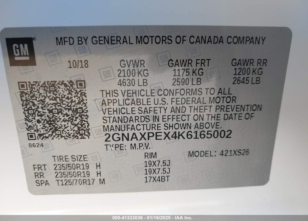 2019 CHEVROLET EQUINOX PREMIER VIN: 2GNAXPEX4K6165002