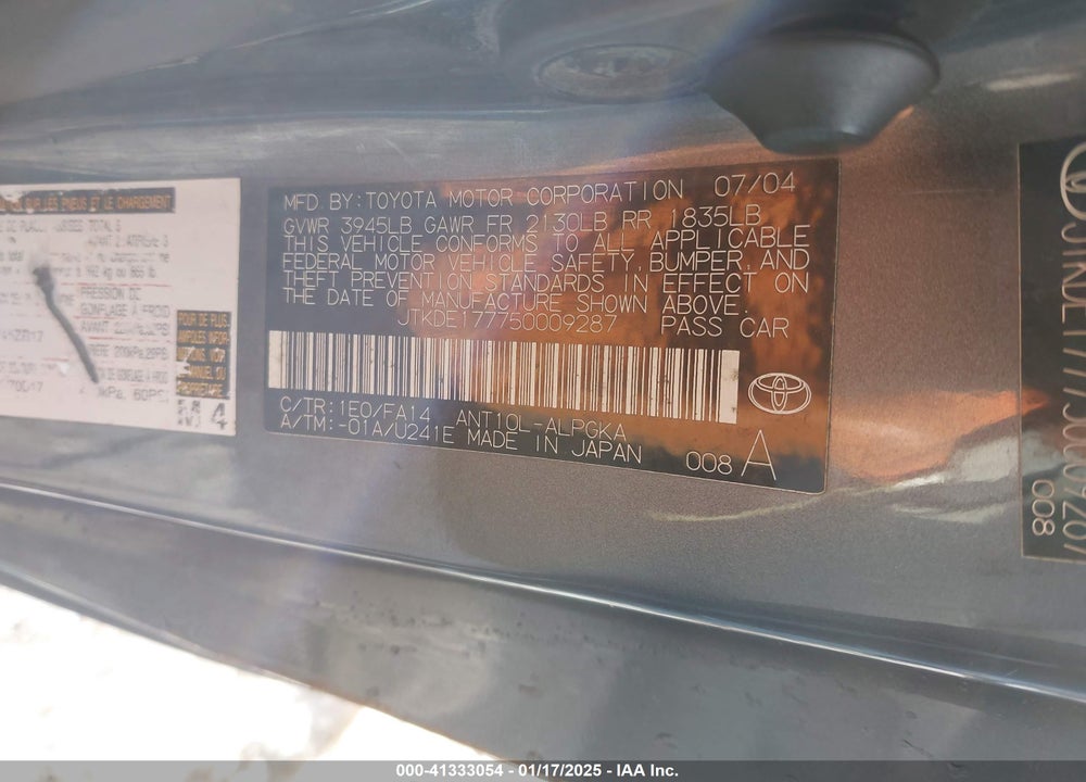 2005 SCION TC VIN: JTKDE177750009287