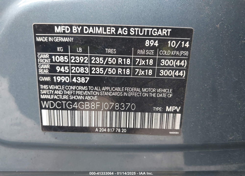 2015 MERCEDES-BENZ GLA 250 4MATIC VIN: WDCTG4GB8FJ078370