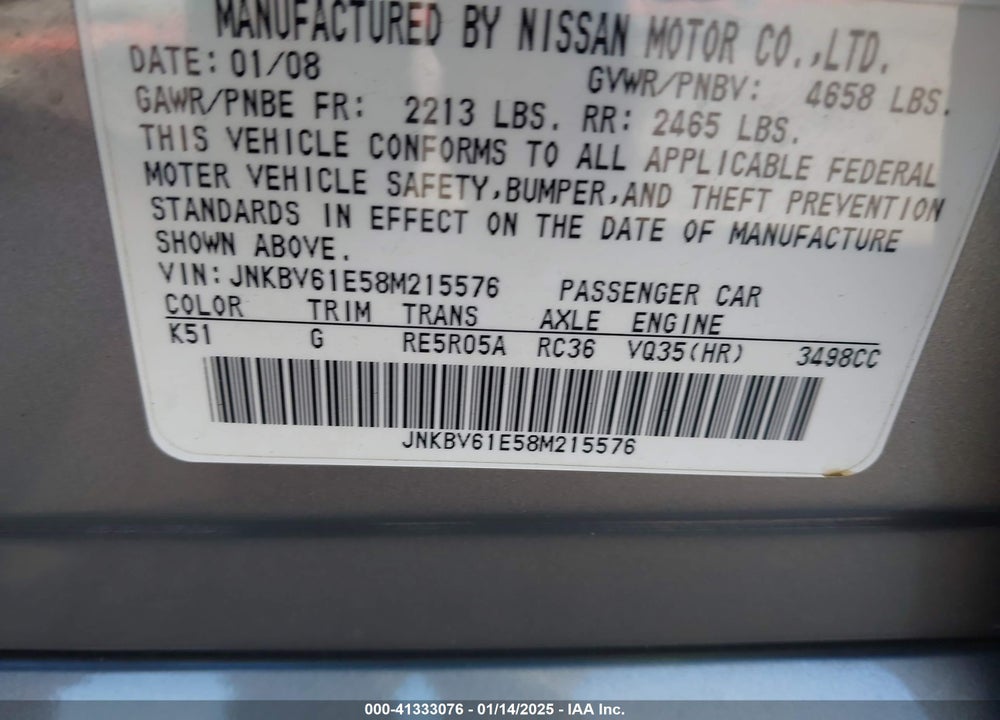 2008 INFINITI G35 VIN: JNKBV61E58M215576