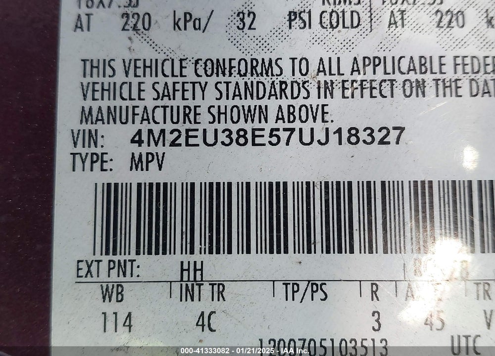 2007 MERCURY MOUNTAINEER PREMIER VIN: 4M2EU38E57UJ18327