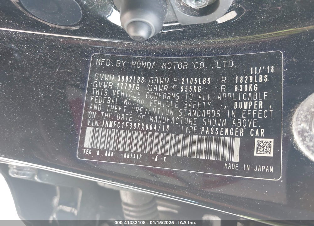 2019 HONDA CIVIC VIN: JHMFC1F38KX004718