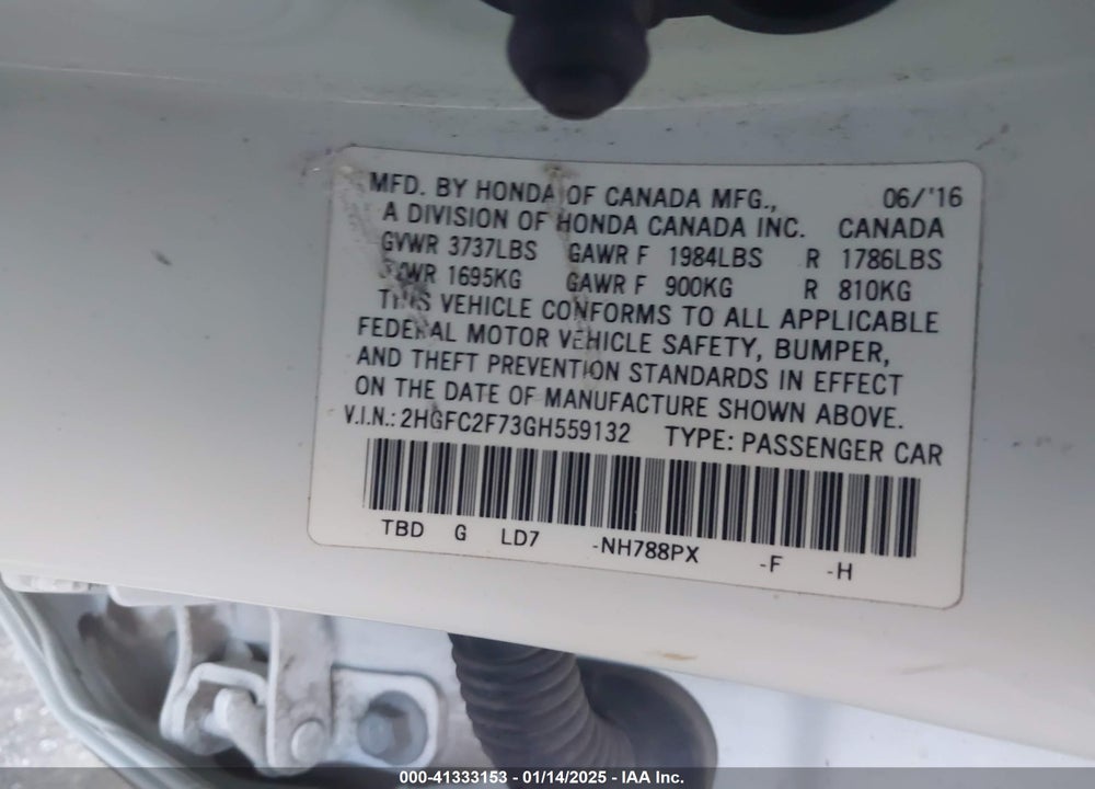 2016 HONDA CIVIC VIN: 2HGFC2F73GH559132