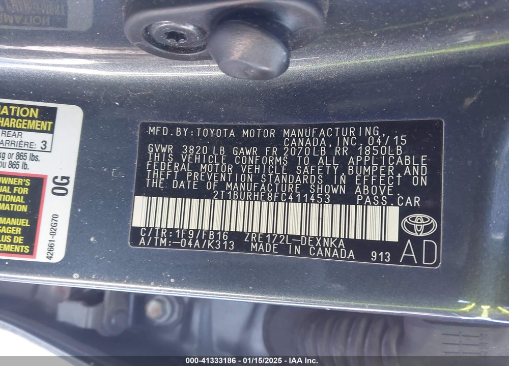 2015 TOYOTA COROLLA VIN: 2T1BURHE8FC411453
