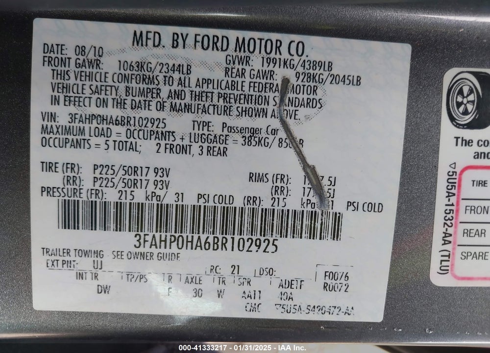 2011 FORD FUSION SE VIN: 3FAHP0HA6BR102925