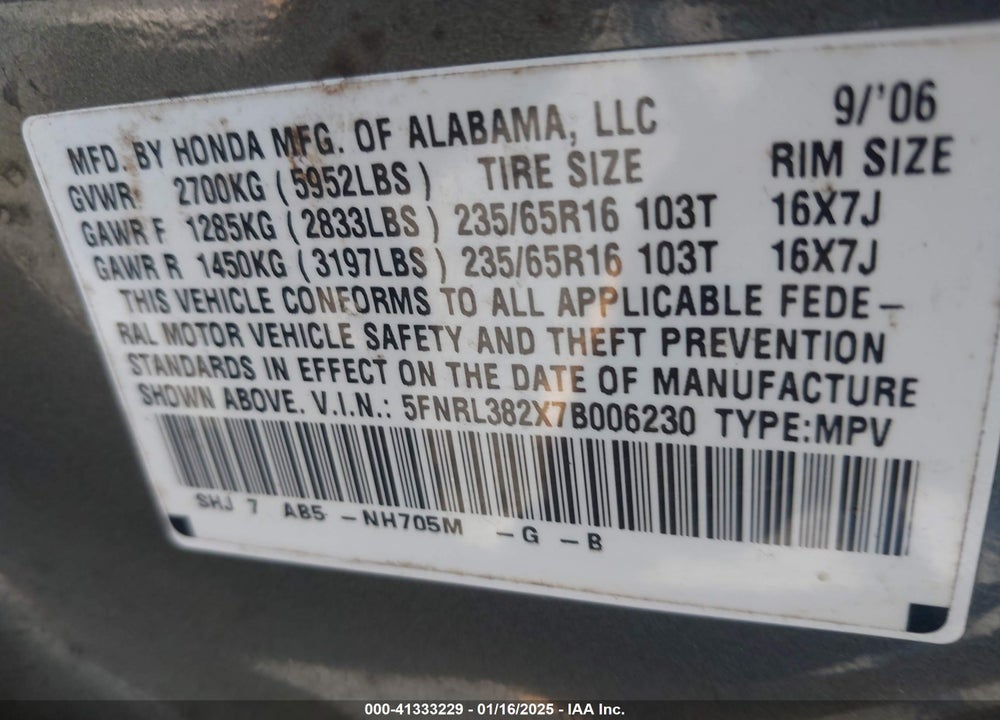 2007 HONDA ODYSSEY LX VIN: 5FNRL382X7B006230
