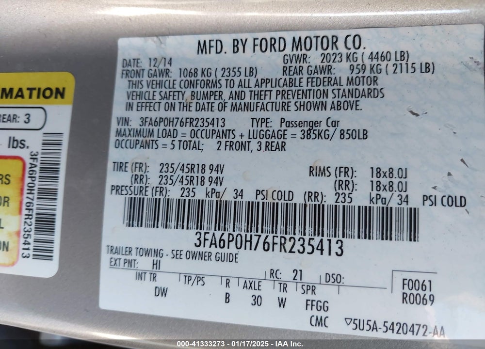 2015 FORD FUSION VIN: 3FA6P0H76FR235413