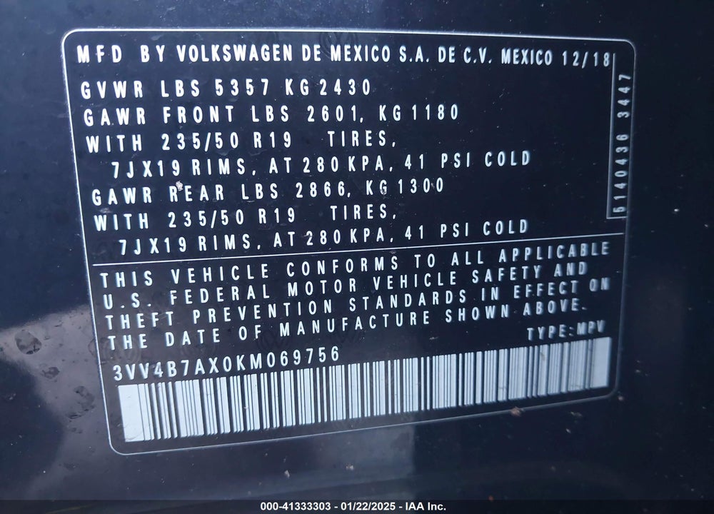 2019 VOLKSWAGEN TIGUAN VIN: 3VV4B7AX0KM069756