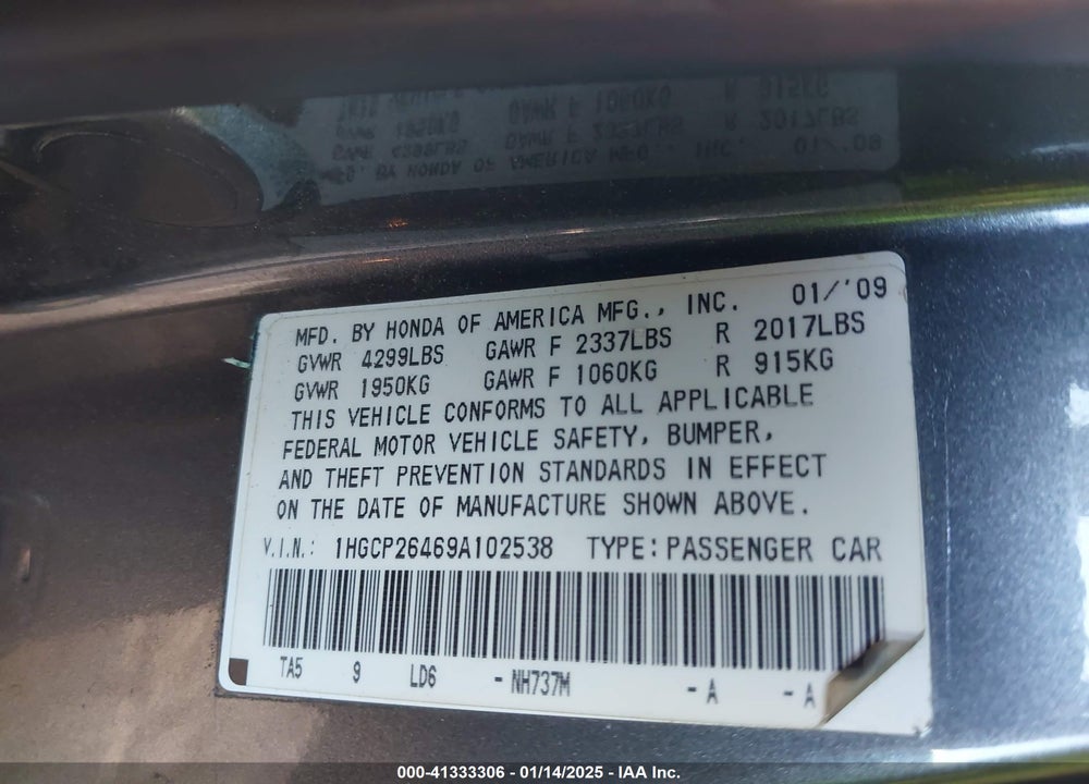 2009 HONDA ACCORD VIN: 1HGCP26469A102538