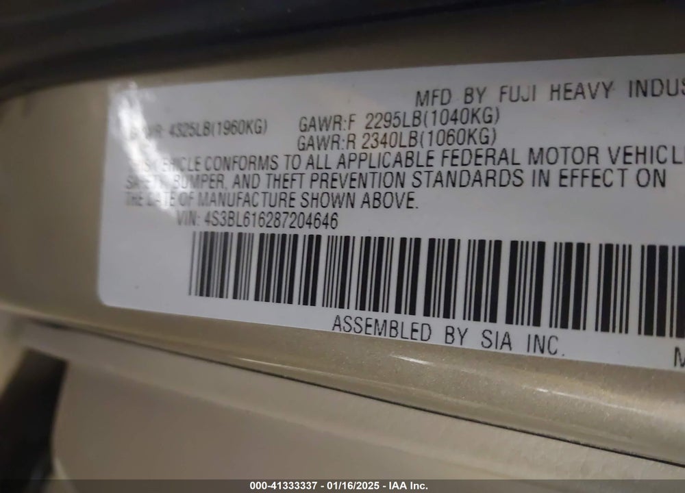2008 SUBARU LEGACY 2.5I VIN: 4S3BL616287204646