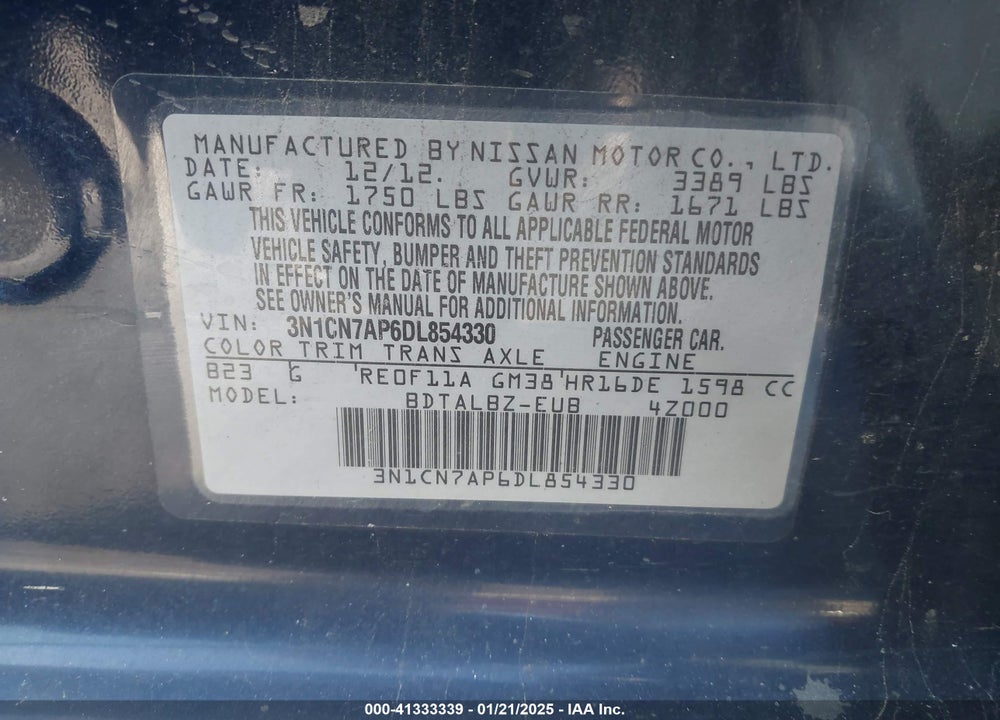 2013 NISSAN VERSA 1.6 SV VIN: 3N1CN7AP6DL854330