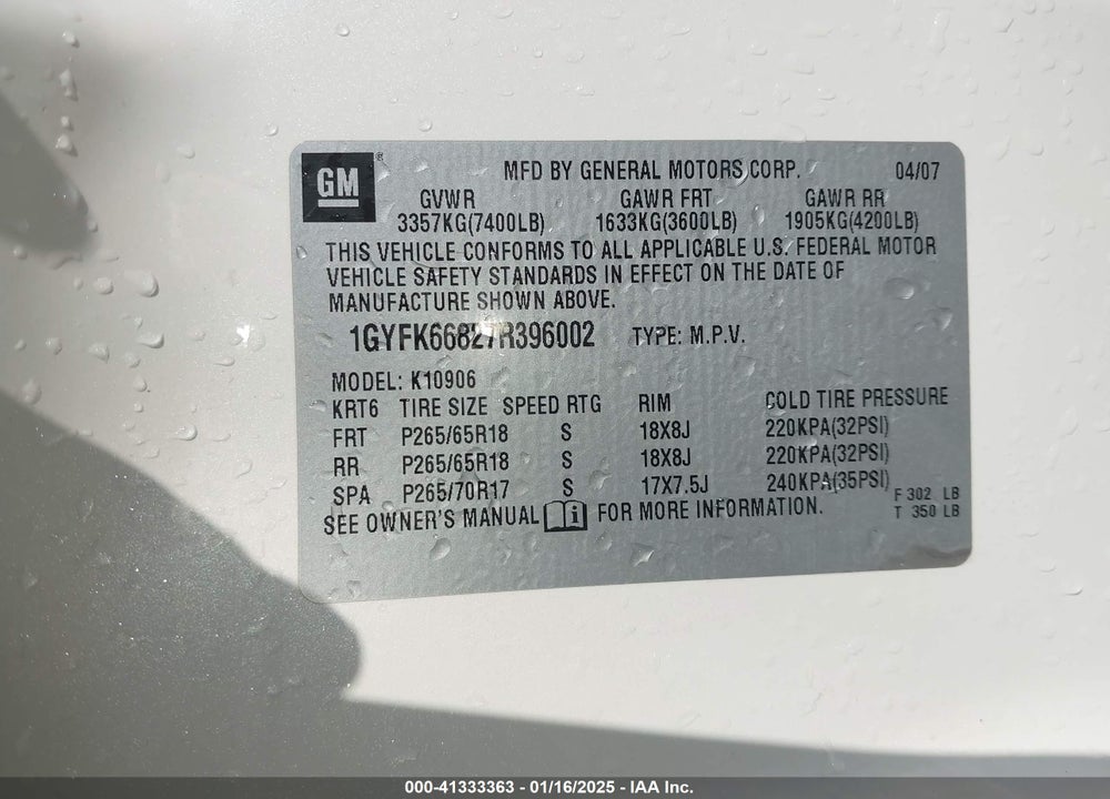 2007 CADILLAC ESCALADE ESV VIN: 1GYFK66827R396002