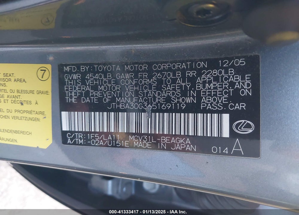 2006 LEXUS ES 330 VIN: JTHBA30G365169119