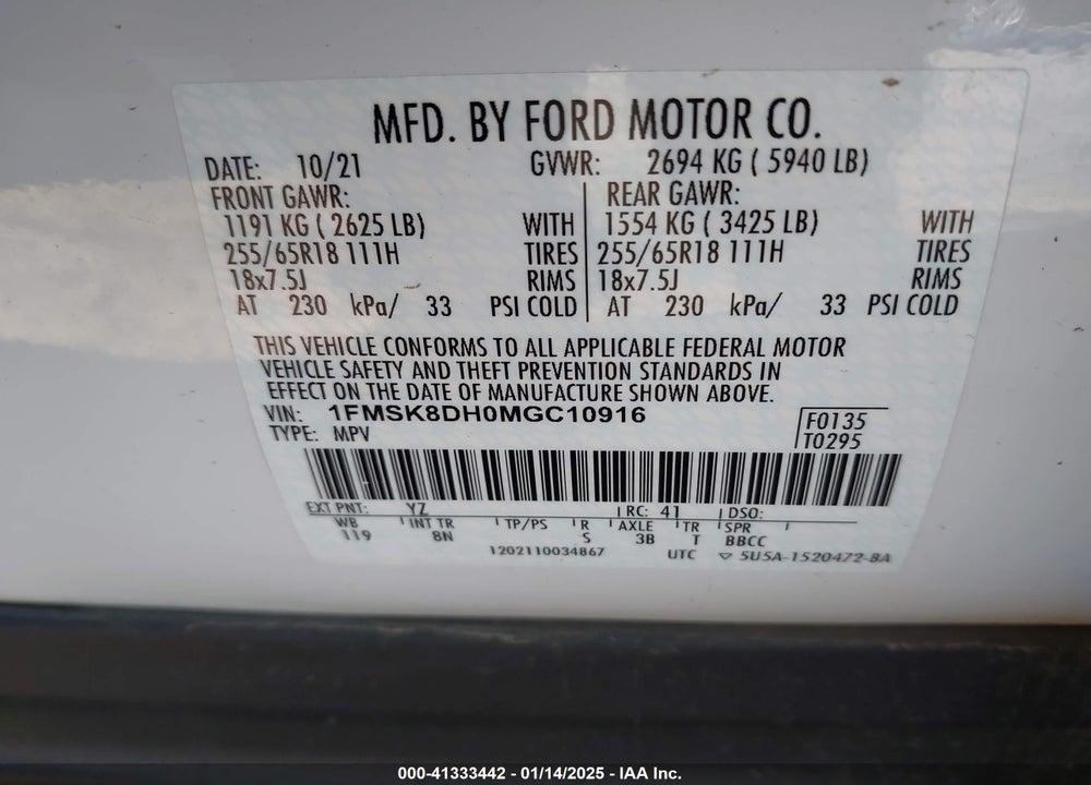 2021 FORD EXPLORER XLT VIN: 1FMSK8DH0MGC10916