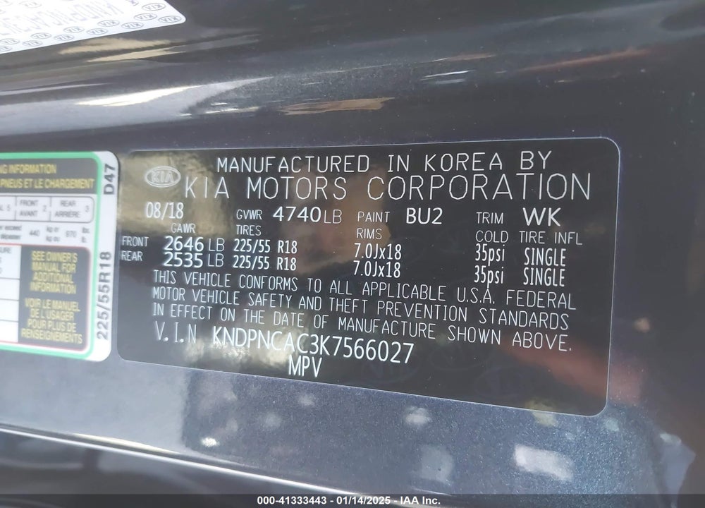 2019 KIA SPORTAGE VIN: KNDPNCAC3K7566027