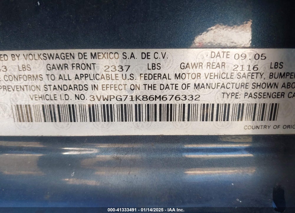 2006 VOLKSWAGEN JETTA VALUE EDITION VIN: 3VWPG71K86M676332
