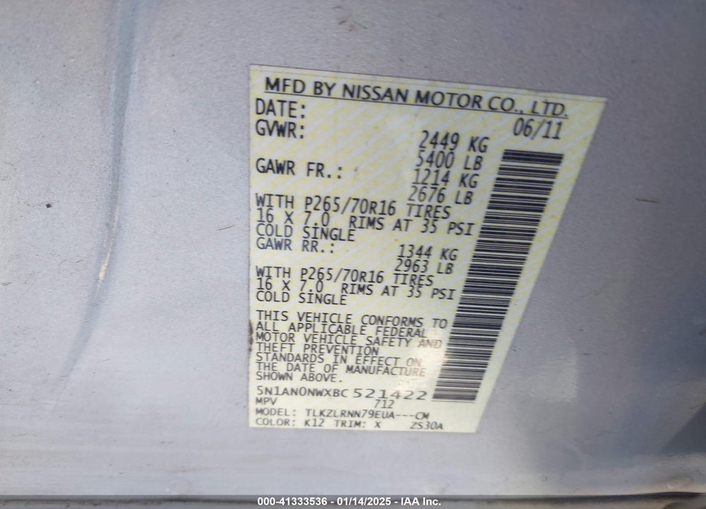 2011 NISSAN XTERRA VIN: 5N1AN0NWXBC521422