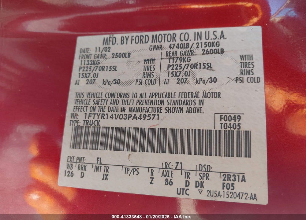 2003 FORD RANGER EDGE/TREMOR/XL/XLT VIN: 1FTYR14V03PA49571