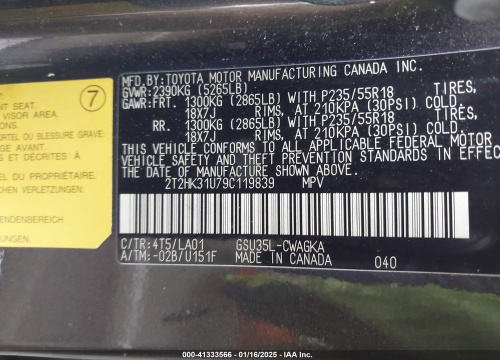 2009 LEXUS RX 350 VIN: 2T2HK31U79C119839