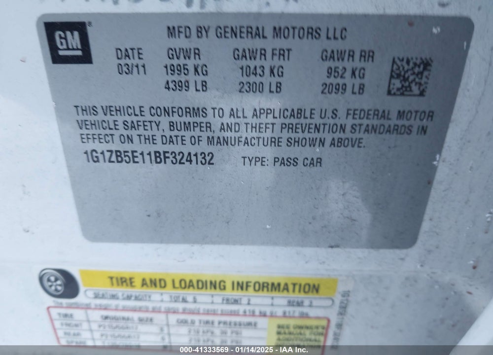 2011 CHEVROLET MALIBU VIN: 1G1ZB5E11BF324132