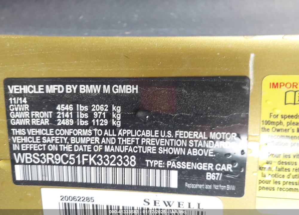2015 BMW M4 VIN: WBS3R9C51FK332338
