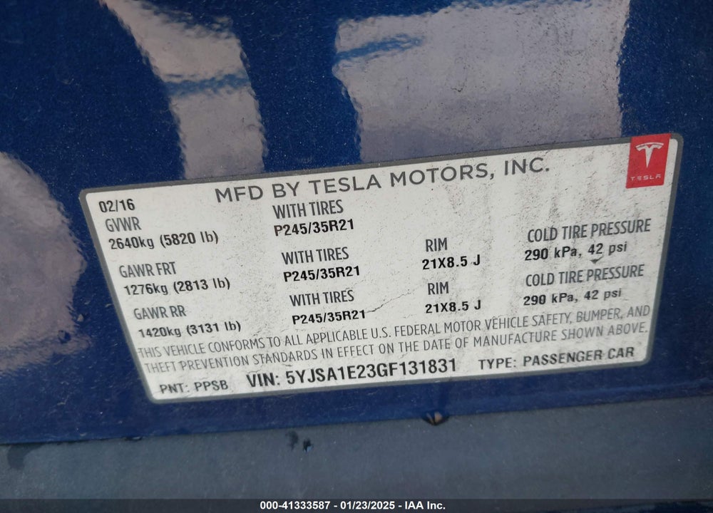 2016 TESLA MODEL S VIN: 5YJSA1E23GF131831
