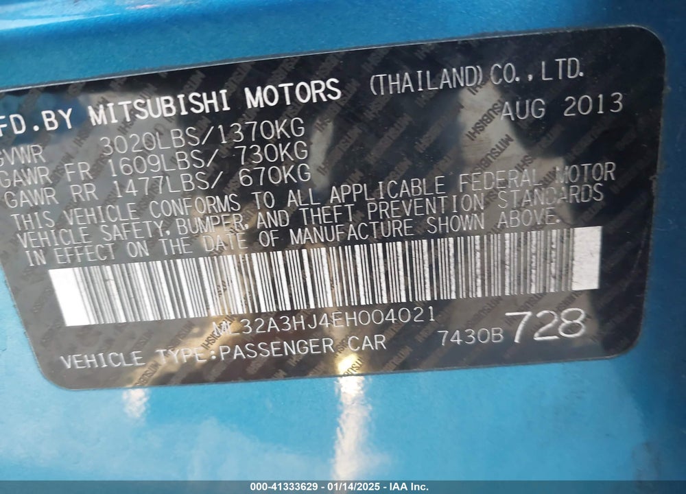 2014 MITSUBISHI MIRAGE VIN: ML32A3HJ4EH004021