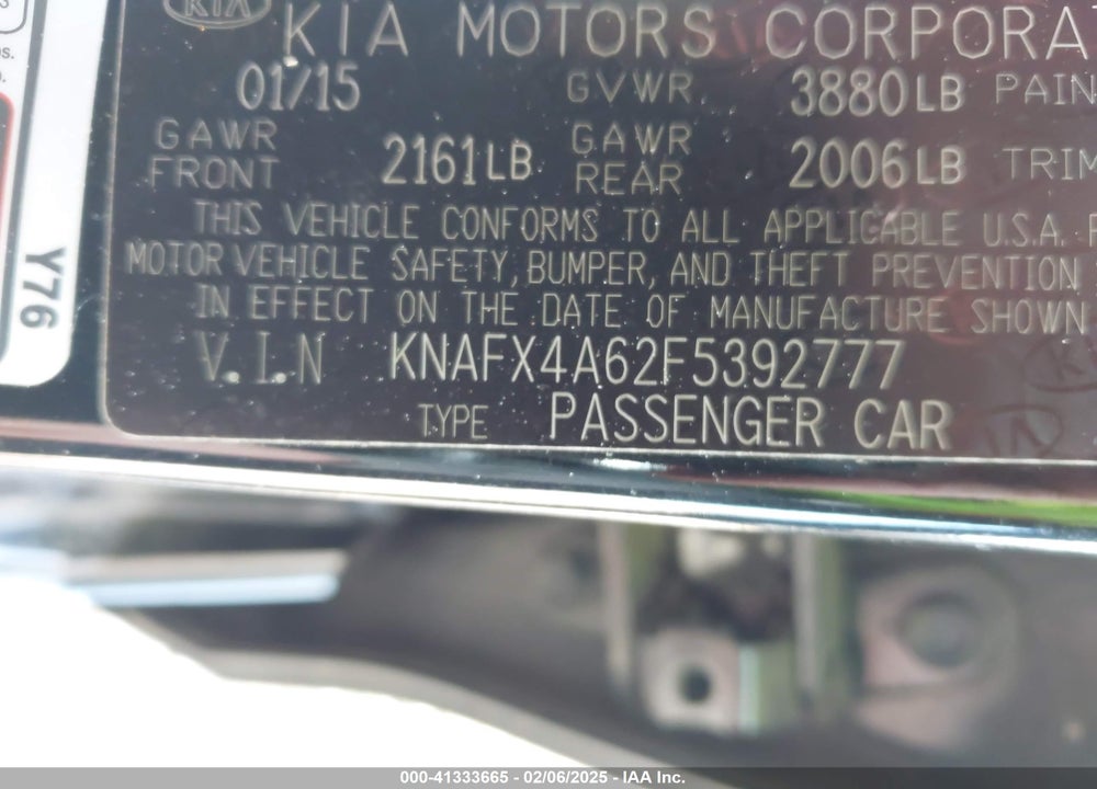 2015 KIA FORTE VIN: KNAFX4A62F5392777