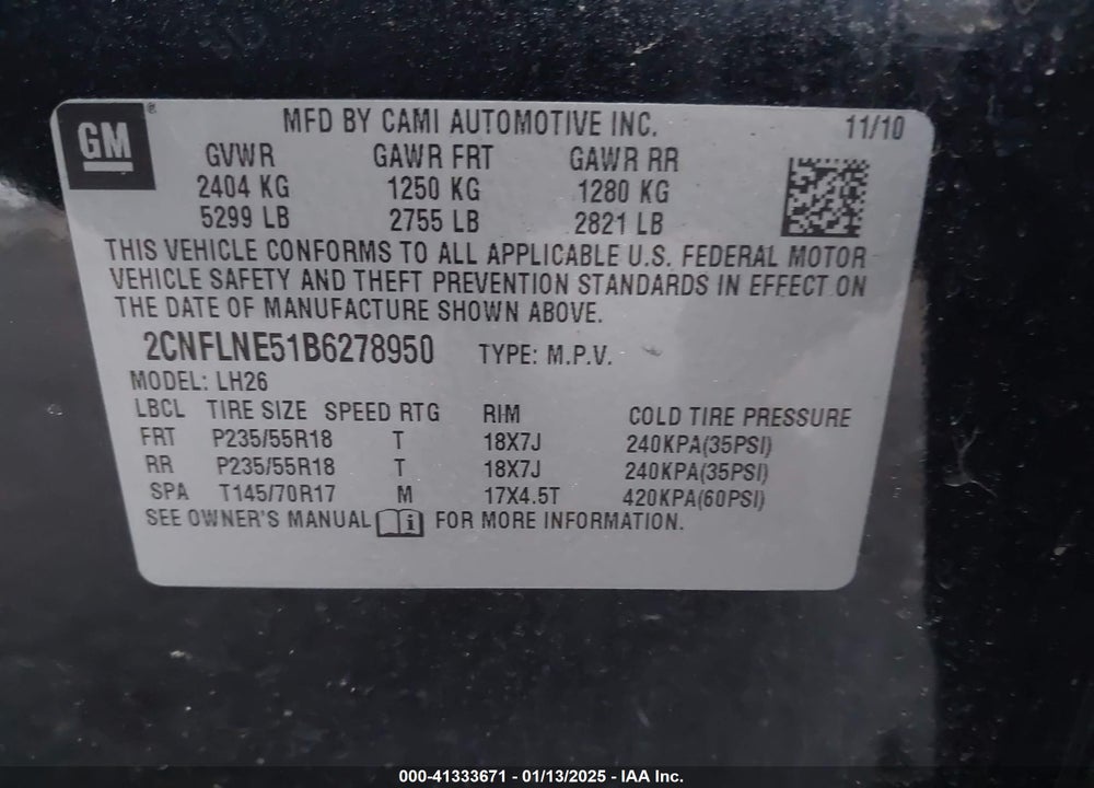 2011 CHEVROLET EQUINOX 2LT VIN: 2CNFLNE51B6278950