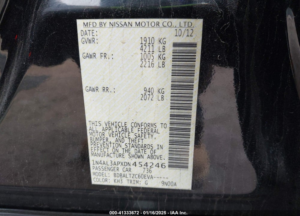 2013 NISSAN ALTIMA 2.5 SV VIN: 1N4AL3APXDN454246