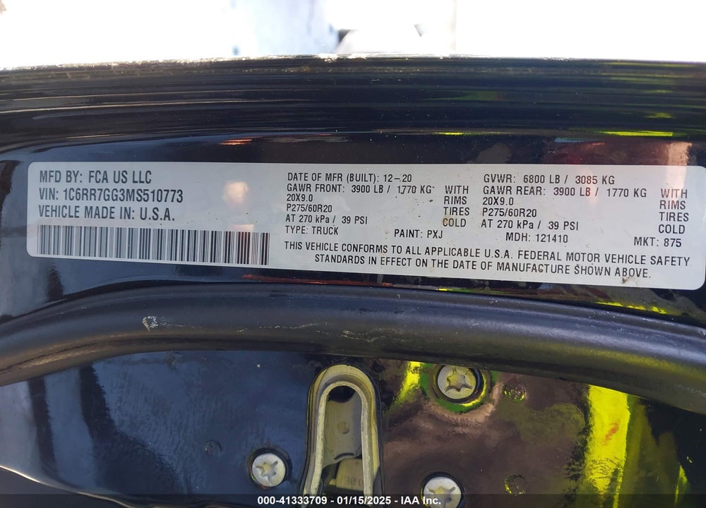 2021 RAM 1500 CLASSIC VIN: 1C6RR7GG3MS510773