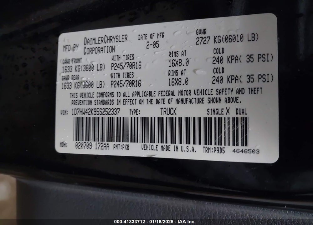 2005 DODGE DAKOTA SLT VIN: 1D7HW42K95S252337