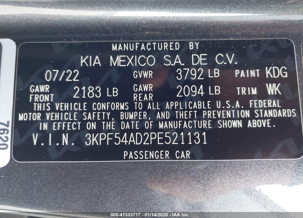 2023 KIA FORTE GT LINE VIN: 3KPF54AD2PE521131