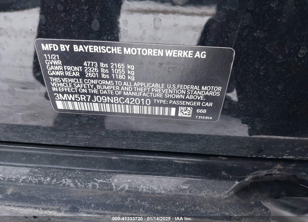 2022 BMW 330I VIN: 3MW5R7J09N8C42010