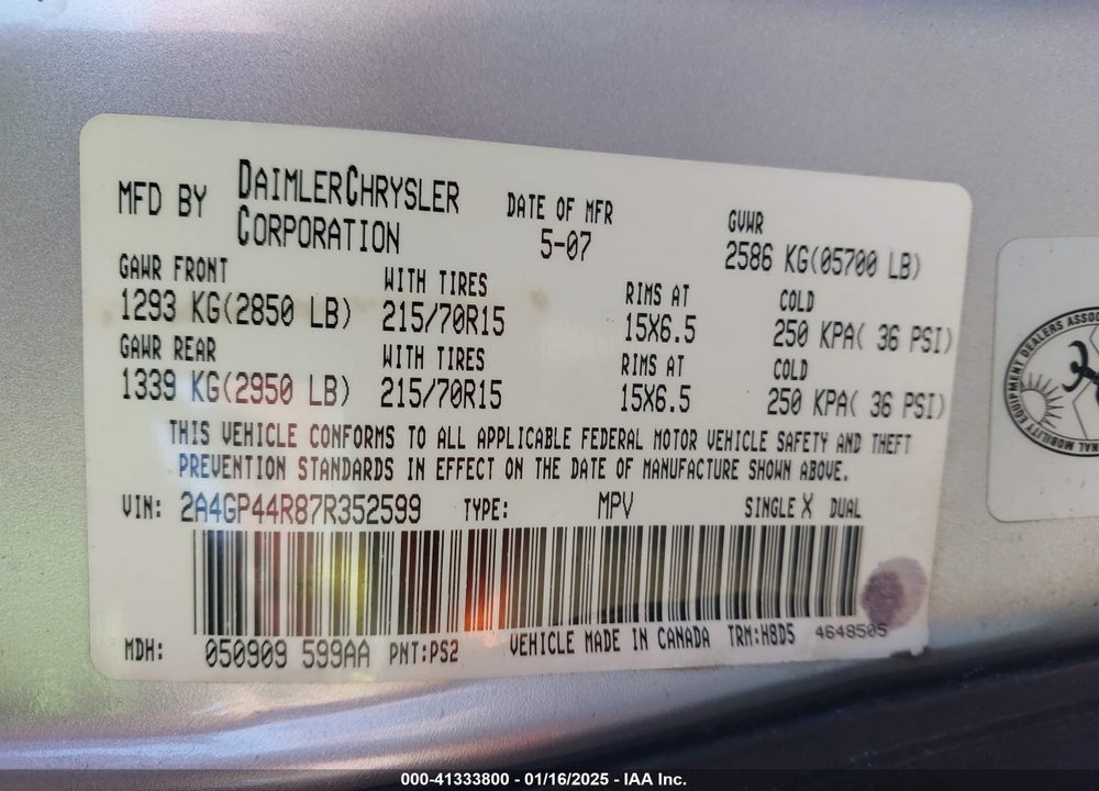 2007 CHRYSLER TOWN & COUNTRY LX VIN: 2A4GP44R87R352599