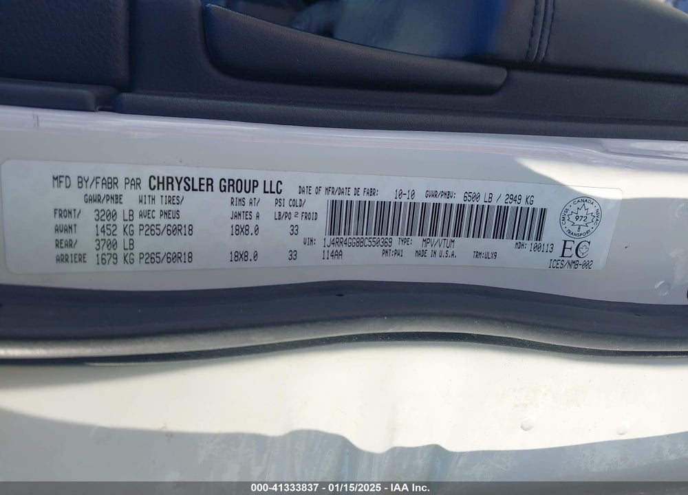2011 JEEP GRAND CHEROKEE LAREDO VIN: 1J4RR4GG8BC550369