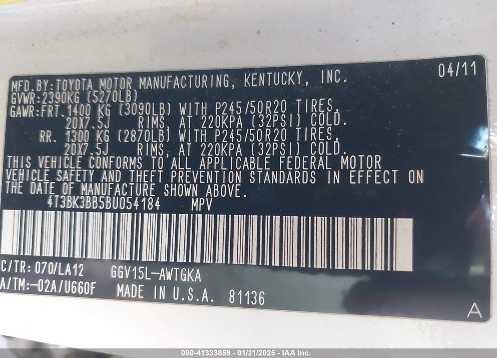 2011 TOYOTA VENZA VIN: 4T3BK3BB5BU054184