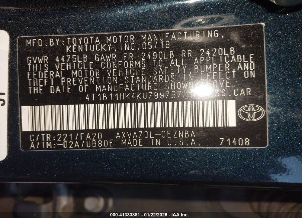 2019 TOYOTA CAMRY LE VIN: 4T1B11HK4KU799757