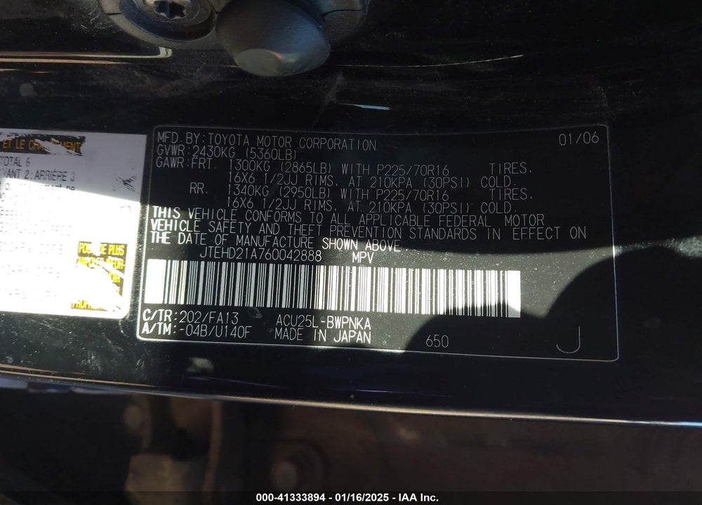 2006 TOYOTA HIGHLANDER VIN: JTEHD21A760042888