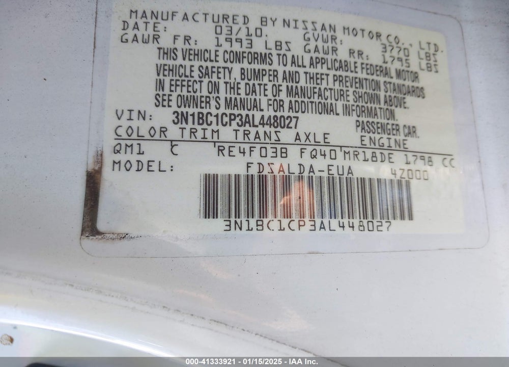 2010 NISSAN VERSA 1.8S VIN: 3N1BC1CP3AL448027