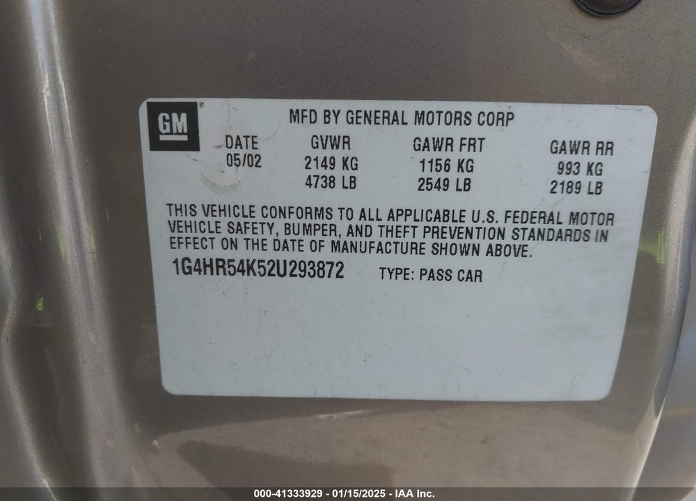 2002 BUICK LESABRE LIMITED VIN: 1G4HR54K52U293872
