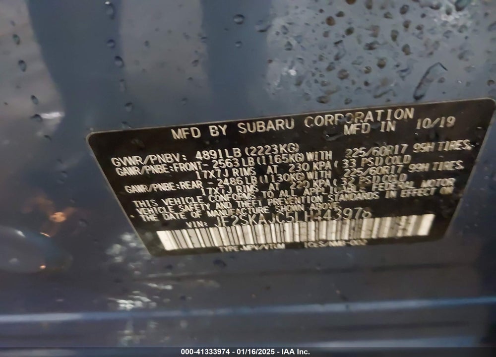 2020 SUBARU FORESTER VIN: JF2SKAJC5LH443978