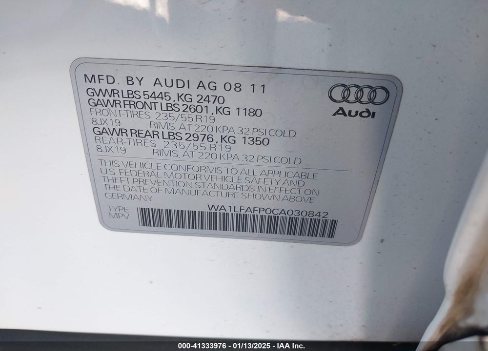 2012 AUDI Q5 2.0T PREMIUM VIN: WA1LFAFP0CA030842