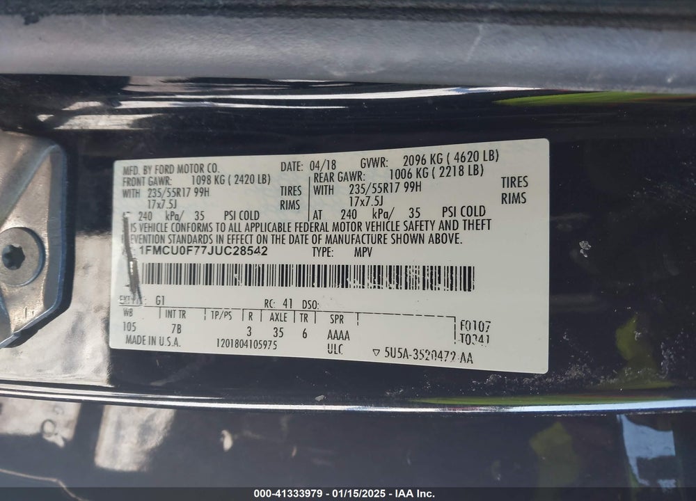 2018 FORD ESCAPE VIN: 1FMCU0F77JUC28542