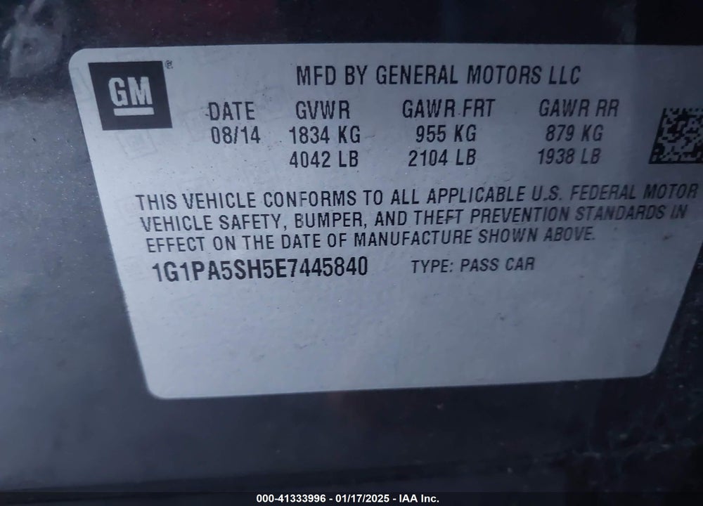 2014 CHEVROLET CRUZE LS AUTO VIN: 1G1PA5SH5E7445840