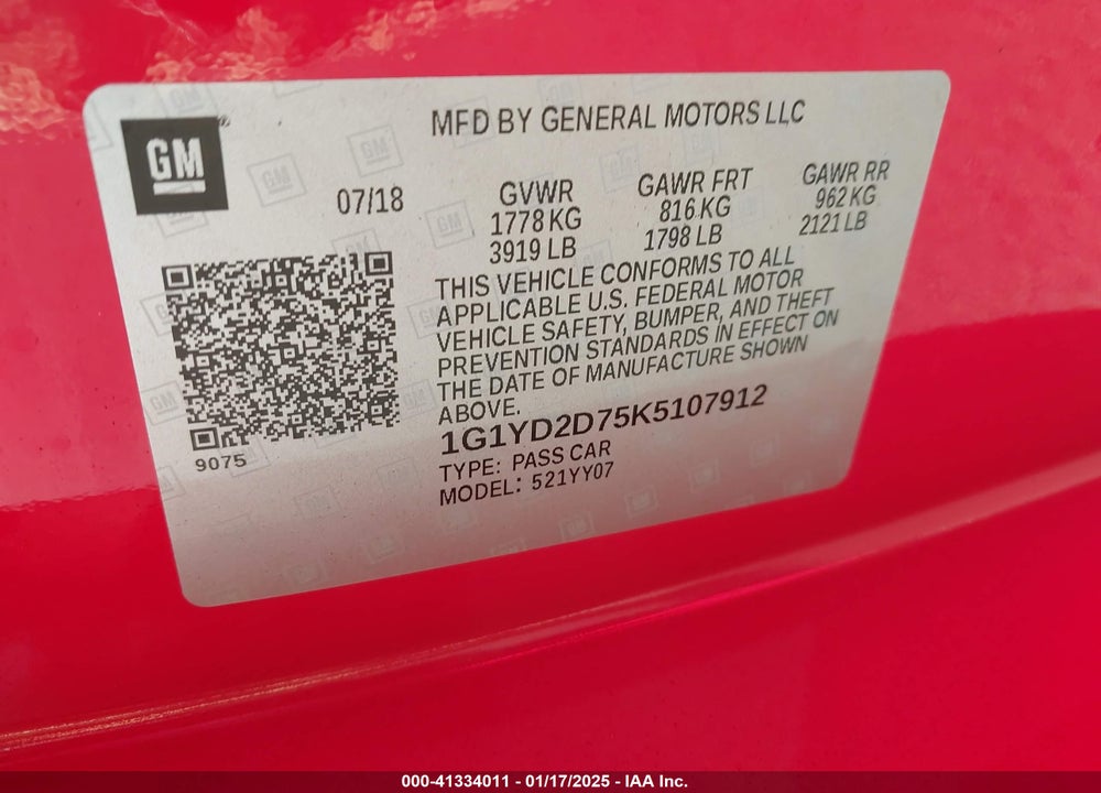 2019 CHEVROLET CORVETTE VIN: 1G1YD2D75K5107912