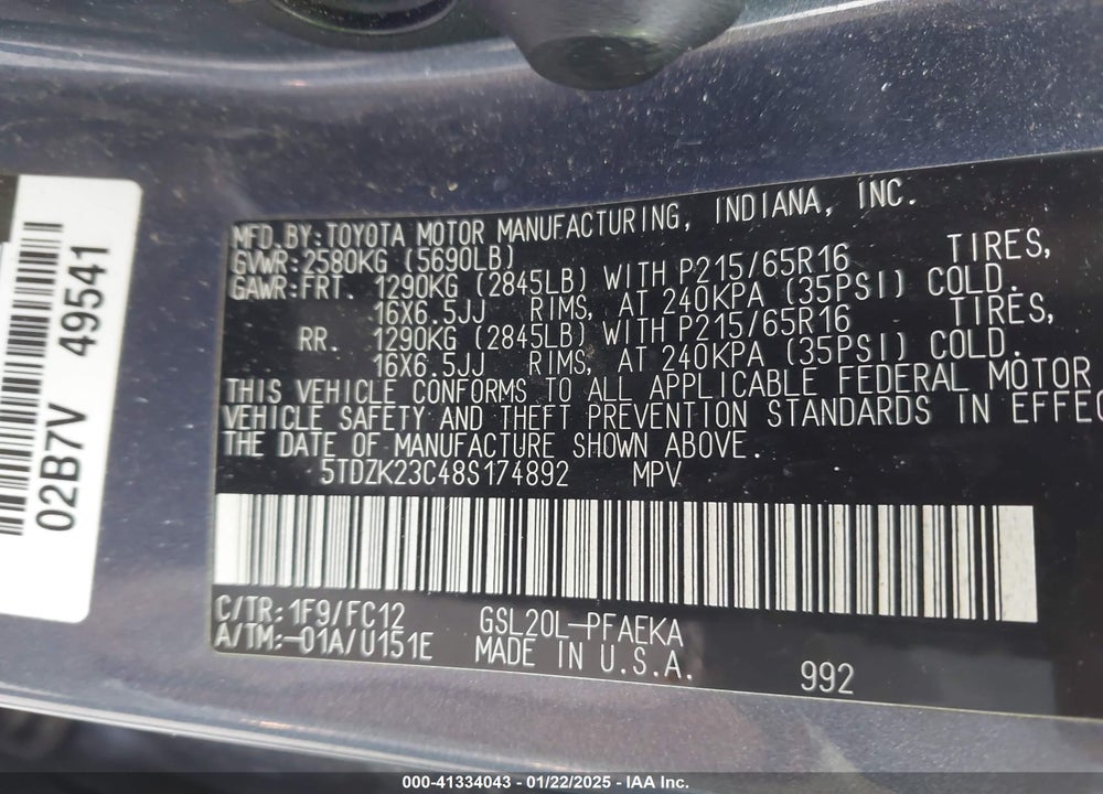 2008 TOYOTA SIENNA LE VIN: 5TDZK23C48S174892